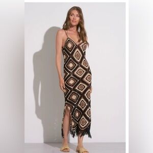 Elan Elegant Black and Cream Crochet Maxi Dress